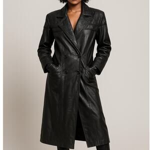 Vintage 80s/90s Wilsons Leather Maxi Trench Coat Embossed Paisley Braid Trim